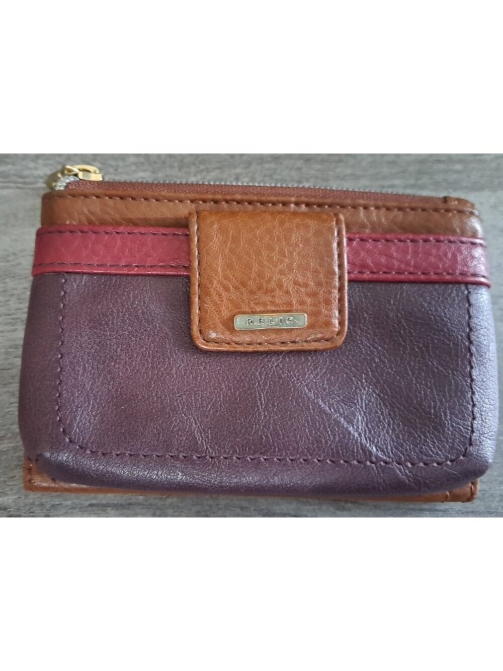 Relic by Fossil Tri-Color Faux Leather Wallet Snap-Tab Closure Gold-Tone Logo